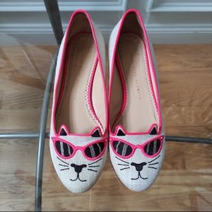 Charlotte Olympia Sunkissed Kitty Canvas Flat Beige pink women's 38